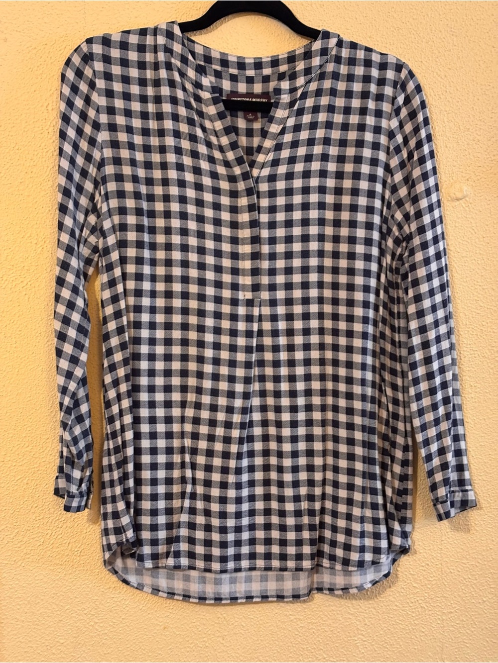 Johnston & Murphy Small Navy Blue Gingham Split Neck Blouse